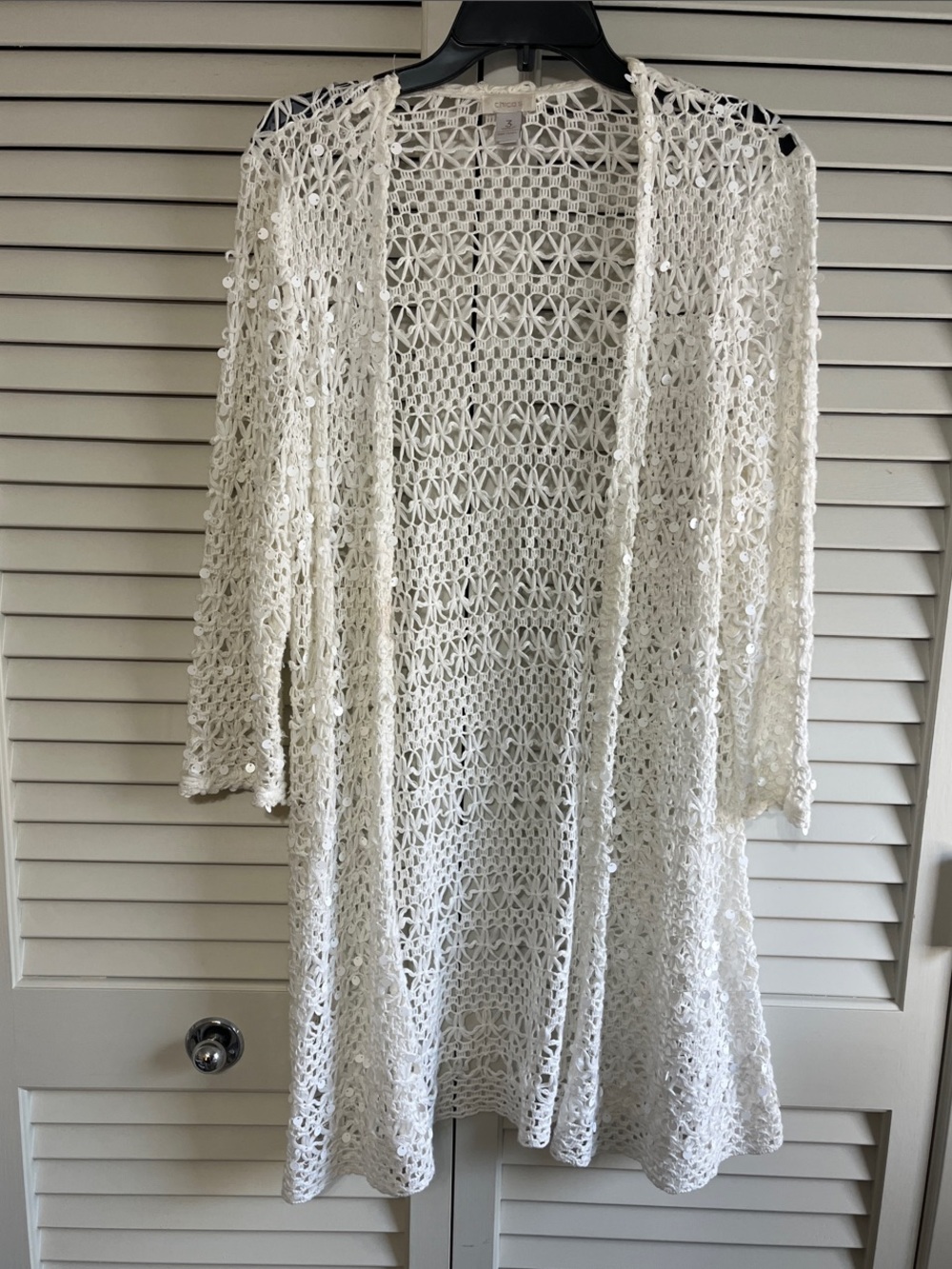 Chico's White Open Crochet Open Front Sequined Sweater